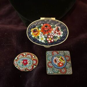 Micro Mosaic Italy Brooch Pill Box  Lot of Three Pieces Gold Tone
